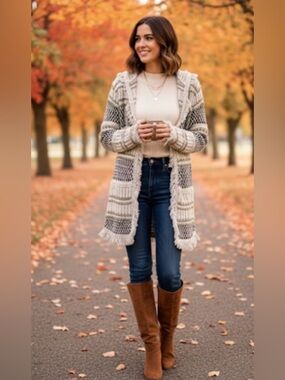 DEX Fringe Hooded Knit Cardigan Oatmeal Taupe and Black